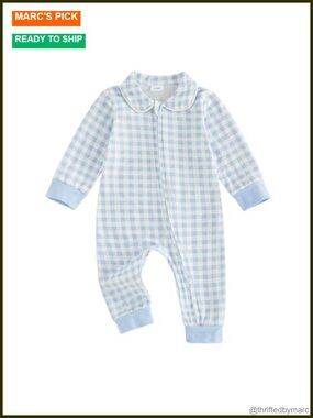 Gingham Romper Long Sleeve Cotton Blend Baby Jumpsuit Zipper